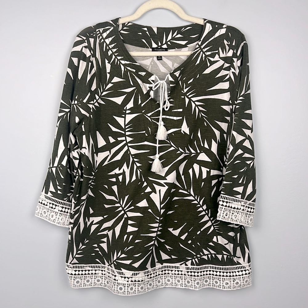 Talbots Large Petite green & white tropical palm print 3/4 sleeve shirt